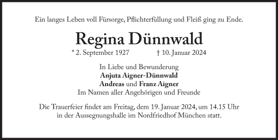Traueranzeige von Regina Dünnwald von Süddeutsche Zeitung