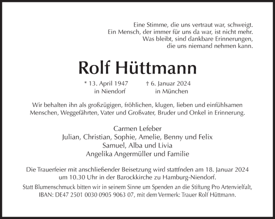 Traueranzeige von Rolf Hüttmann von Süddeutsche Zeitung