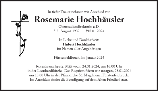 Traueranzeige von Rosemarie Hochhäusler von Süddeutsche Zeitung