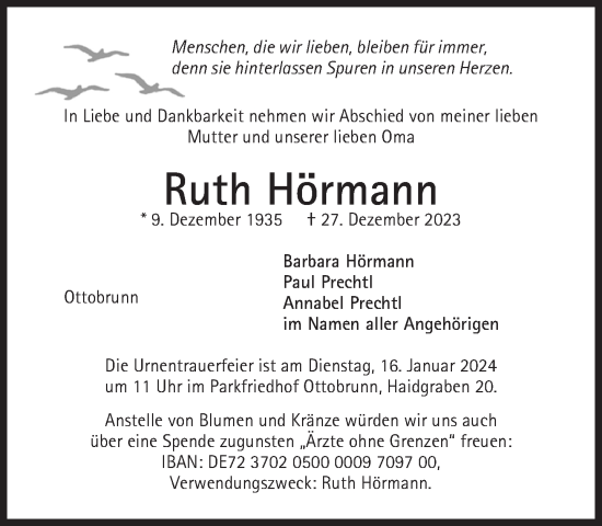 Traueranzeige von Ruth Hörmann von Süddeutsche Zeitung
