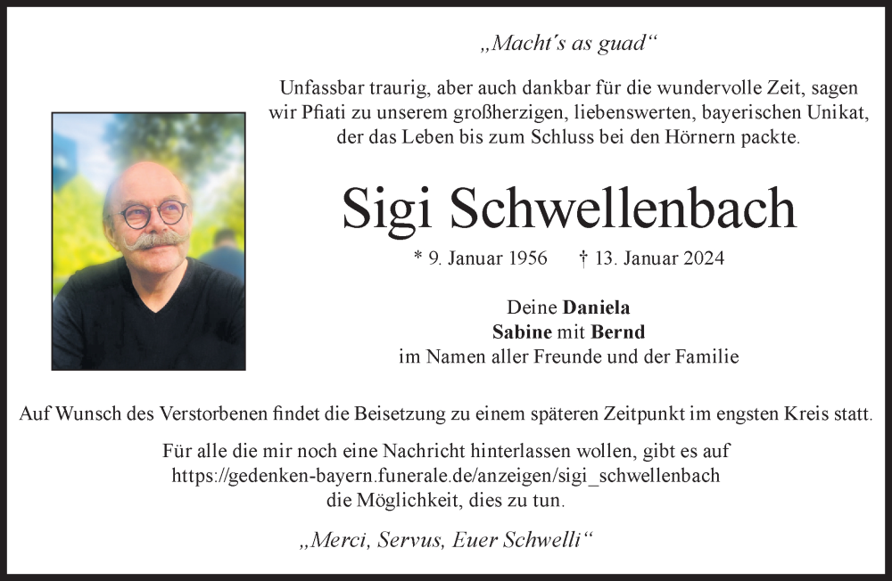  Traueranzeige für Sigi Schwellenbach vom 20.01.2024 aus Süddeutsche Zeitung