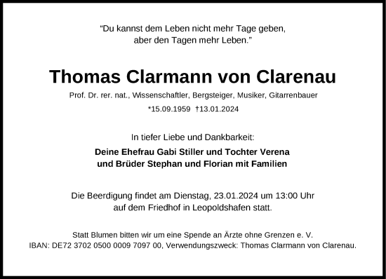 Traueranzeige von Thomas Clarmann von Clarenau von Süddeutsche Zeitung