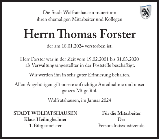 Traueranzeige von Thomas Forster von Süddeutsche Zeitung