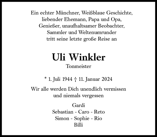 Traueranzeige von Uli Winkler von Süddeutsche Zeitung
