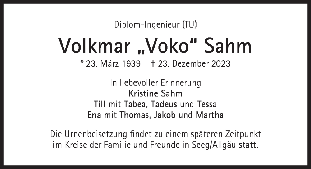  Traueranzeige für Volkmar Sahm vom 29.12.2023 aus Süddeutsche Zeitung