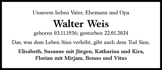 Traueranzeige von Walter Weis von Süddeutsche Zeitung