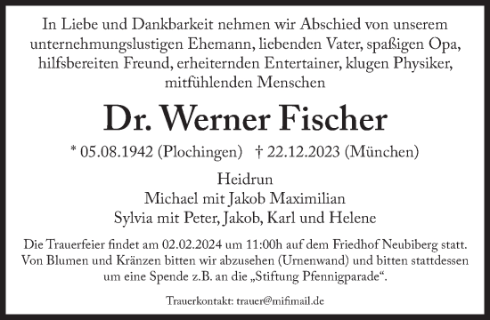 Traueranzeige von Werner Fischer von Süddeutsche Zeitung