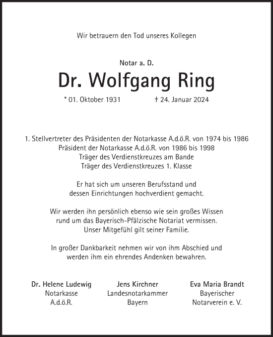 Traueranzeige von Wolfgang Ring von Süddeutsche Zeitung