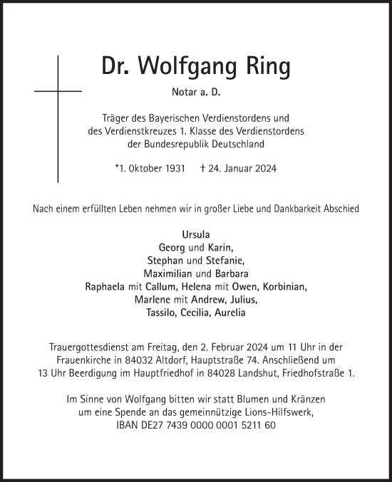 Traueranzeige von Wolfgang Ring von Süddeutsche Zeitung