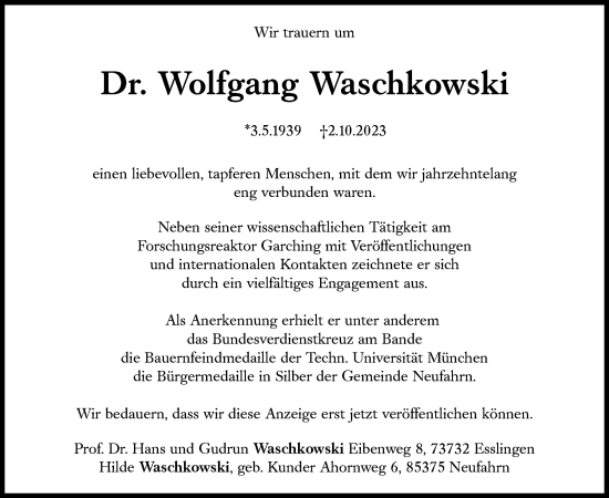Traueranzeige von Wolfgang Waschkowski von Süddeutsche Zeitung