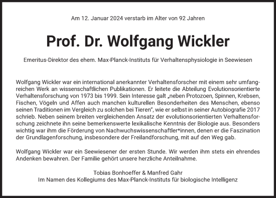 Traueranzeige von Wolfgang Wickler von Süddeutsche Zeitung