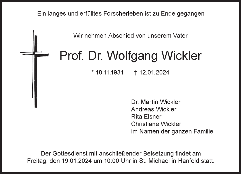  Traueranzeige für Wolfgang Wickler vom 17.01.2024 aus Süddeutsche Zeitung