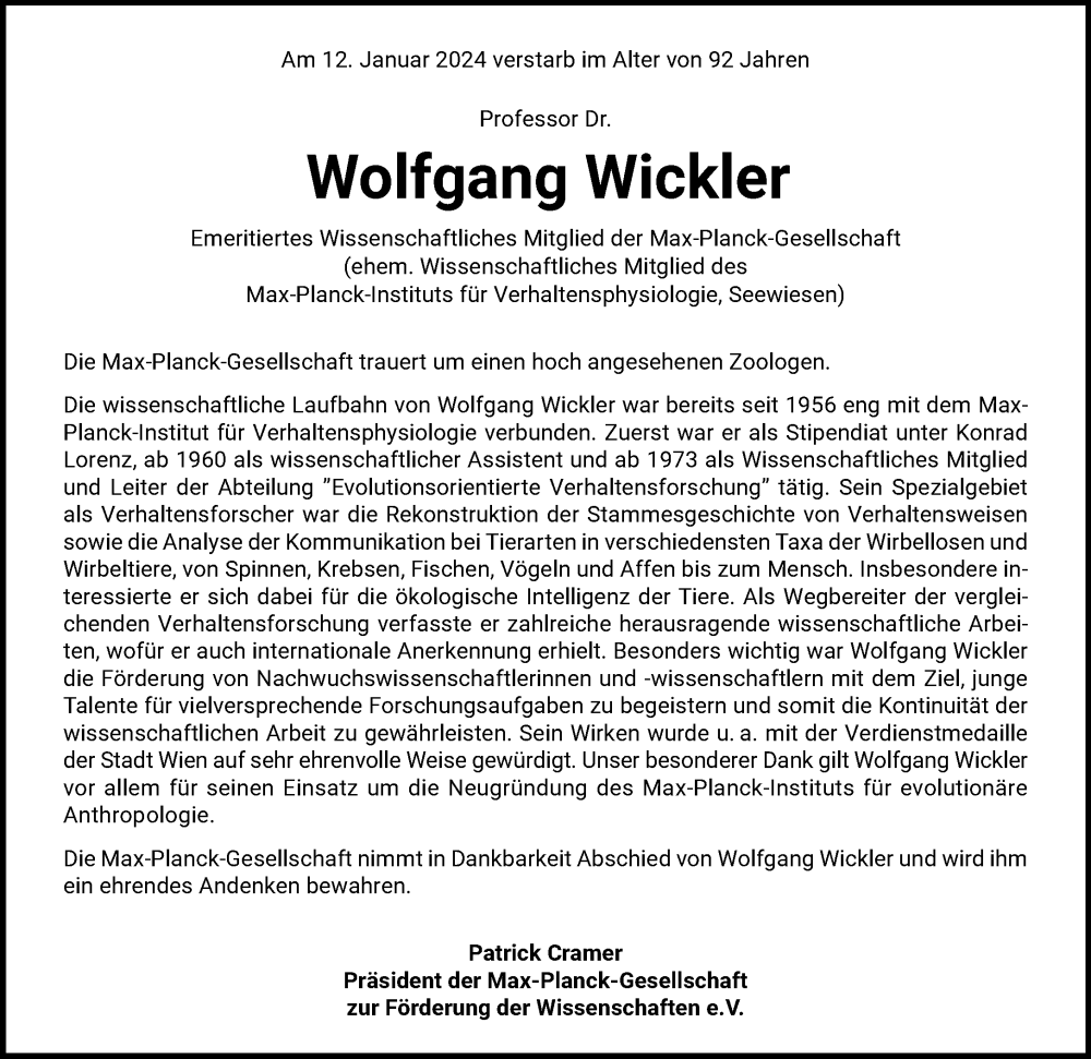  Traueranzeige für Wolfgang Wickler vom 19.01.2024 aus Süddeutsche Zeitung