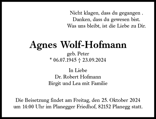 Traueranzeige von Agnes Wolf-Hofmann von Süddeutsche Zeitung