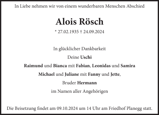 Traueranzeige von Alois Rösch von Süddeutsche Zeitung