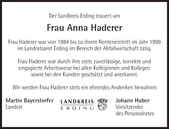 Traueranzeige von Anna Haderer von Süddeutsche Zeitung