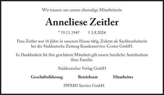 Traueranzeige von Anneliese Zeitler von Süddeutsche Zeitung