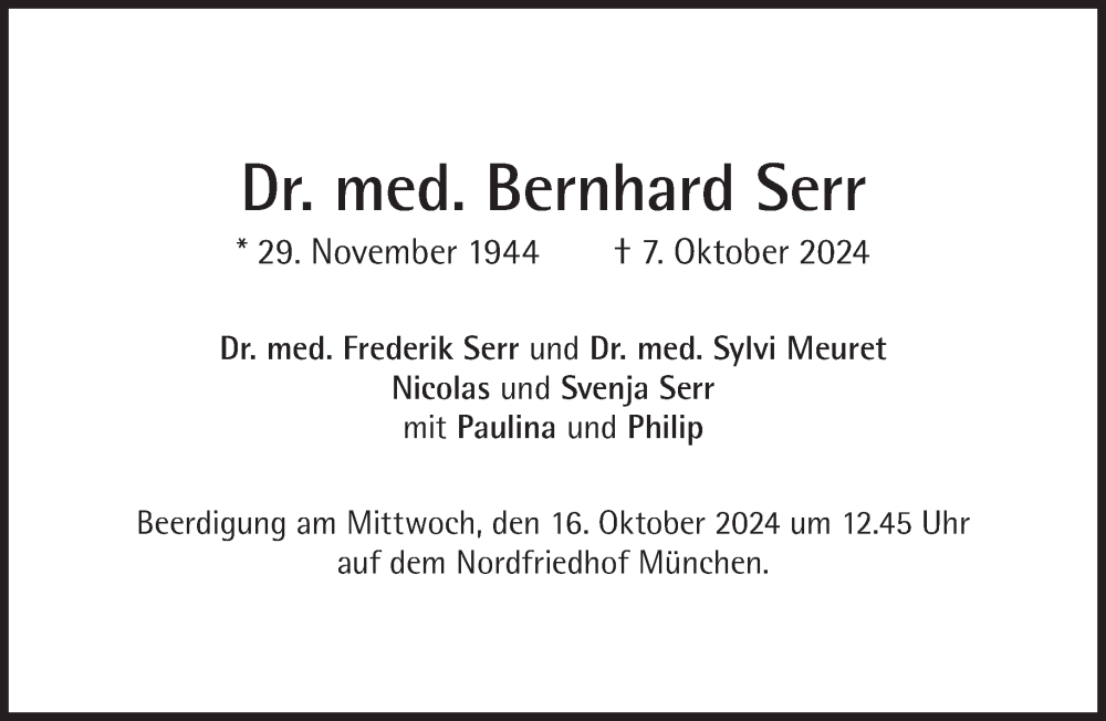  Traueranzeige für Bernhard Serr vom 12.10.2024 aus Süddeutsche Zeitung