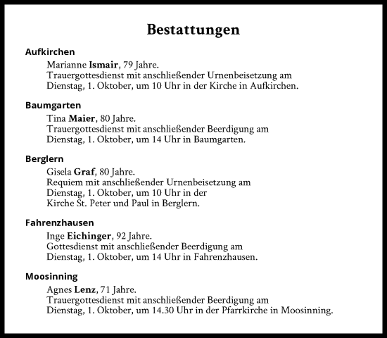 Traueranzeige von Bestattungen vom 01.10.2024 von Süddeutsche Zeitung