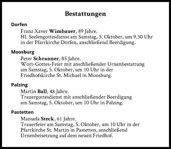 Traueranzeige von Bestattungen vom 05.10.2024 von Süddeutsche Zeitung