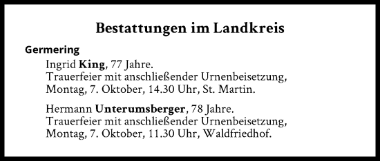 Traueranzeige von Bestattungen vom 07.10.2024 von Süddeutsche Zeitung