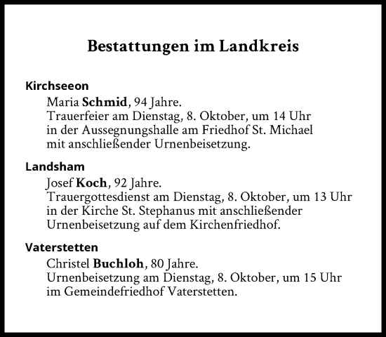 Traueranzeige von Bestattungen vom 08.10.2024 von Süddeutsche Zeitung