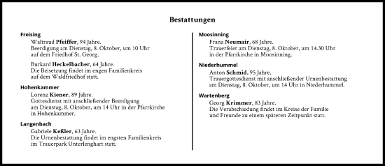 Traueranzeige von Bestattungen vom 08.10.2024 von Süddeutsche Zeitung