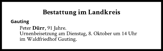 Traueranzeige von Bestattungen vom 08.10.2024 von Süddeutsche Zeitung