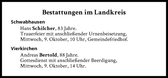 Traueranzeige von Bestattungen vom 09.10.2024 von Süddeutsche Zeitung