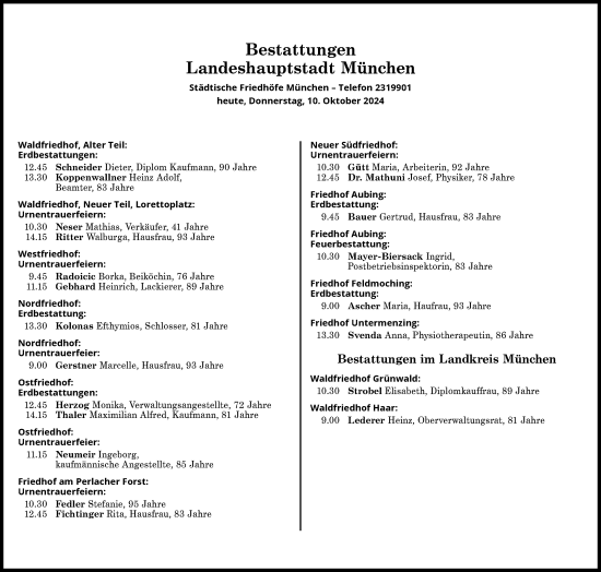 Traueranzeige von Bestattungen vom 10.10.2024 von Süddeutsche Zeitung