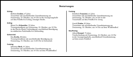 Traueranzeige von Bestattungen vom 10.10.2024 von Süddeutsche Zeitung