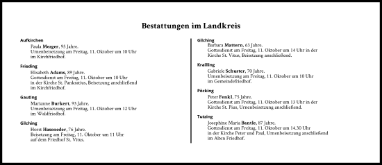 Traueranzeige von Bestattungen vom 11.10.2024 von Süddeutsche Zeitung