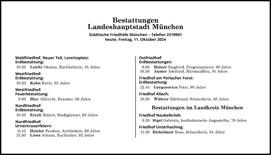 Traueranzeige von Bestattungen vom 11.10.2024 von Süddeutsche Zeitung