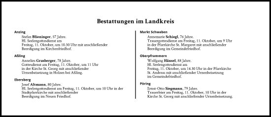 Traueranzeige von Bestattungen vom 11.10.2024 von Süddeutsche Zeitung