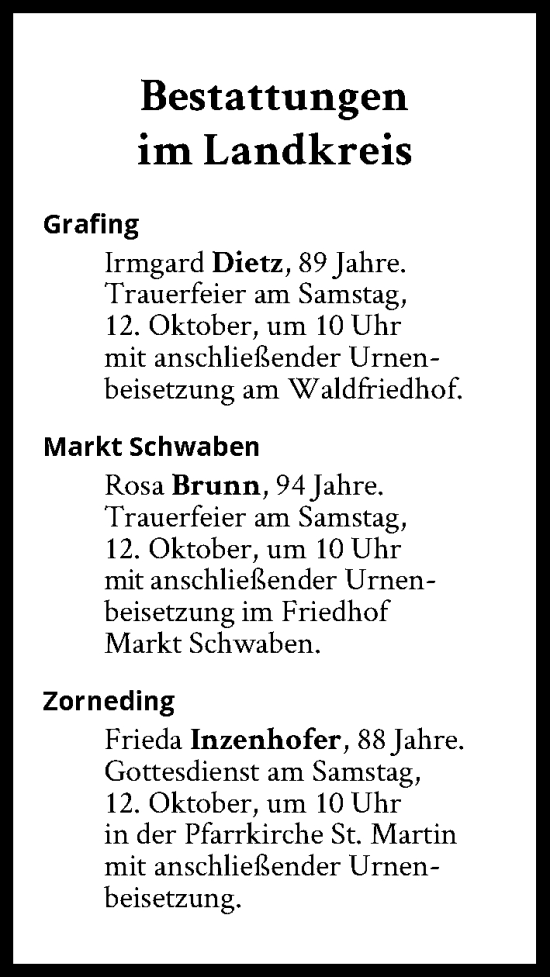 Traueranzeige von Bestattungen vom 12.10.2024 von Süddeutsche Zeitung