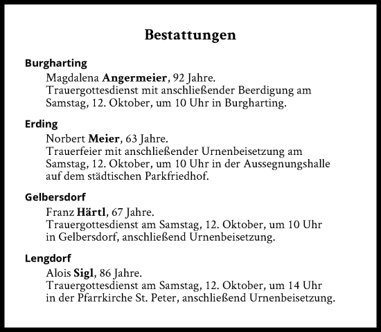 Traueranzeige von Bestattungen vom 12.10.2024 von Süddeutsche Zeitung