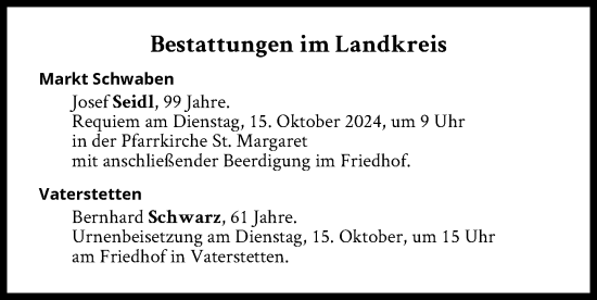 Traueranzeige von Bestattungen vom 15.10.2024 von Süddeutsche Zeitung