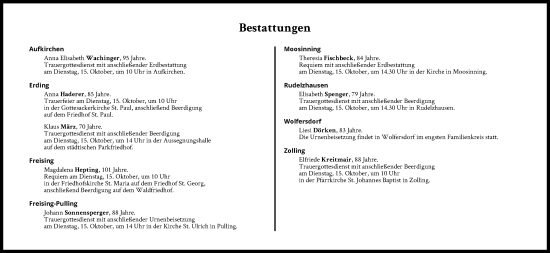 Traueranzeige von Bestattungen vom 15.10.2024 von Süddeutsche Zeitung