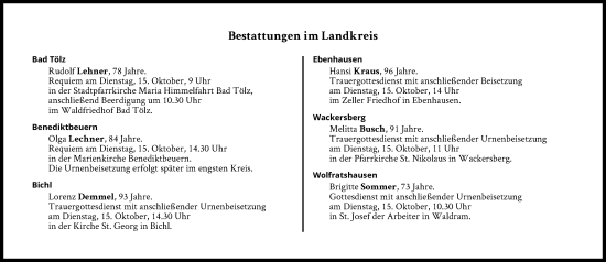 Traueranzeige von Bestattungen vom 15.10.2024 von Süddeutsche Zeitung