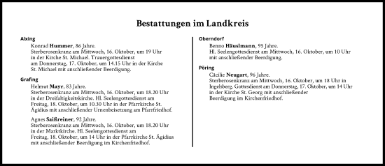 Traueranzeige von Bestattungen vom 16.10.2024 von Süddeutsche Zeitung