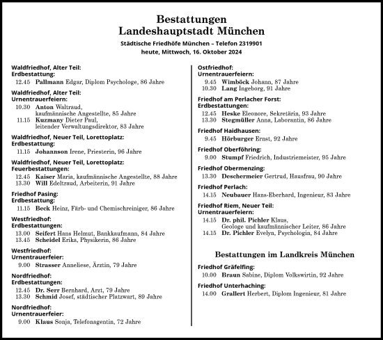 Traueranzeige von Bestattungen vom 16.10.2024 von Süddeutsche Zeitung