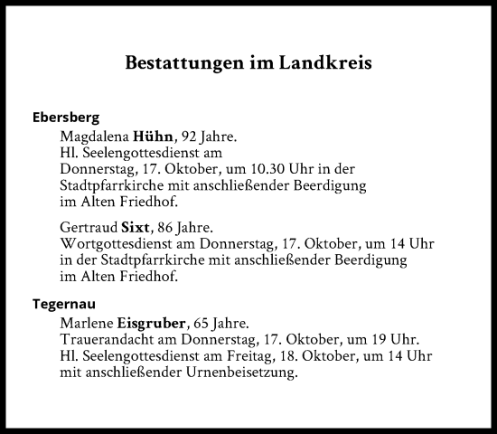 Traueranzeige von Bestattungen vom 17.10.2024 von Süddeutsche Zeitung