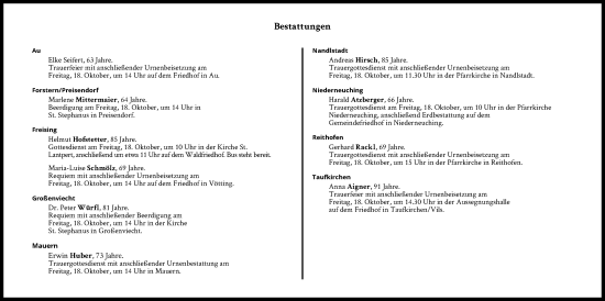 Traueranzeige von Bestattungen vom 18.10.2024 von Süddeutsche Zeitung