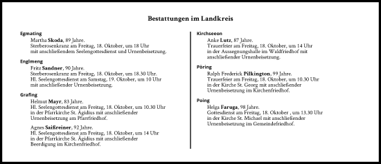 Traueranzeige von Bestattungen vom 18.10.2024 von Süddeutsche Zeitung