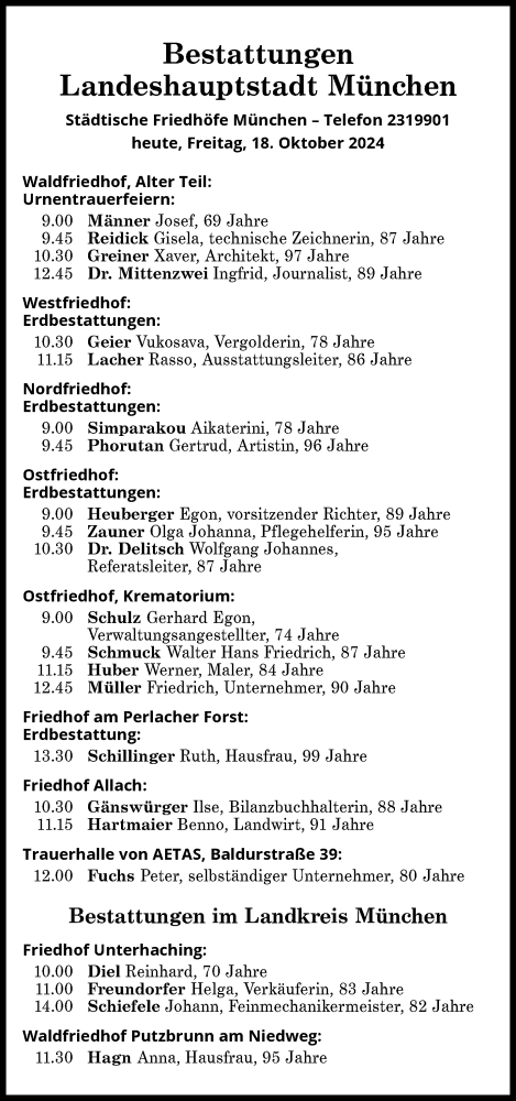 Traueranzeige von Bestattungen vom 18.10.2024 von Süddeutsche Zeitung