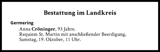 Traueranzeige von Bestattungen vom 19.10.2024 von Süddeutsche Zeitung