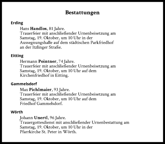 Traueranzeige von Bestattungen vom 19.10.2024 von Süddeutsche Zeitung