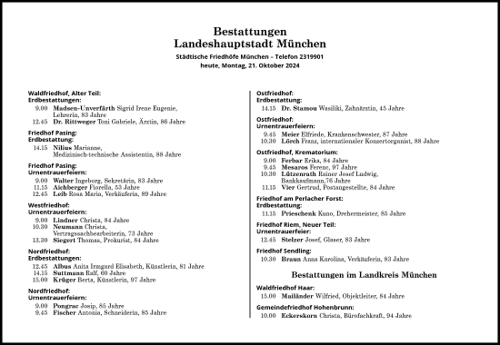 Traueranzeige von Bestattungen vom 21.10.2024 von Süddeutsche Zeitung