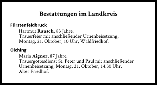 Traueranzeige von Bestattungen vom 21.10.2024 von Süddeutsche Zeitung