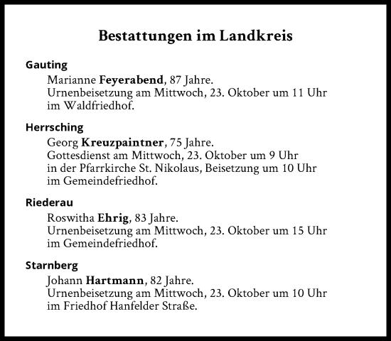 Traueranzeige von Bestattungen vom 23.10.2024 von Süddeutsche Zeitung